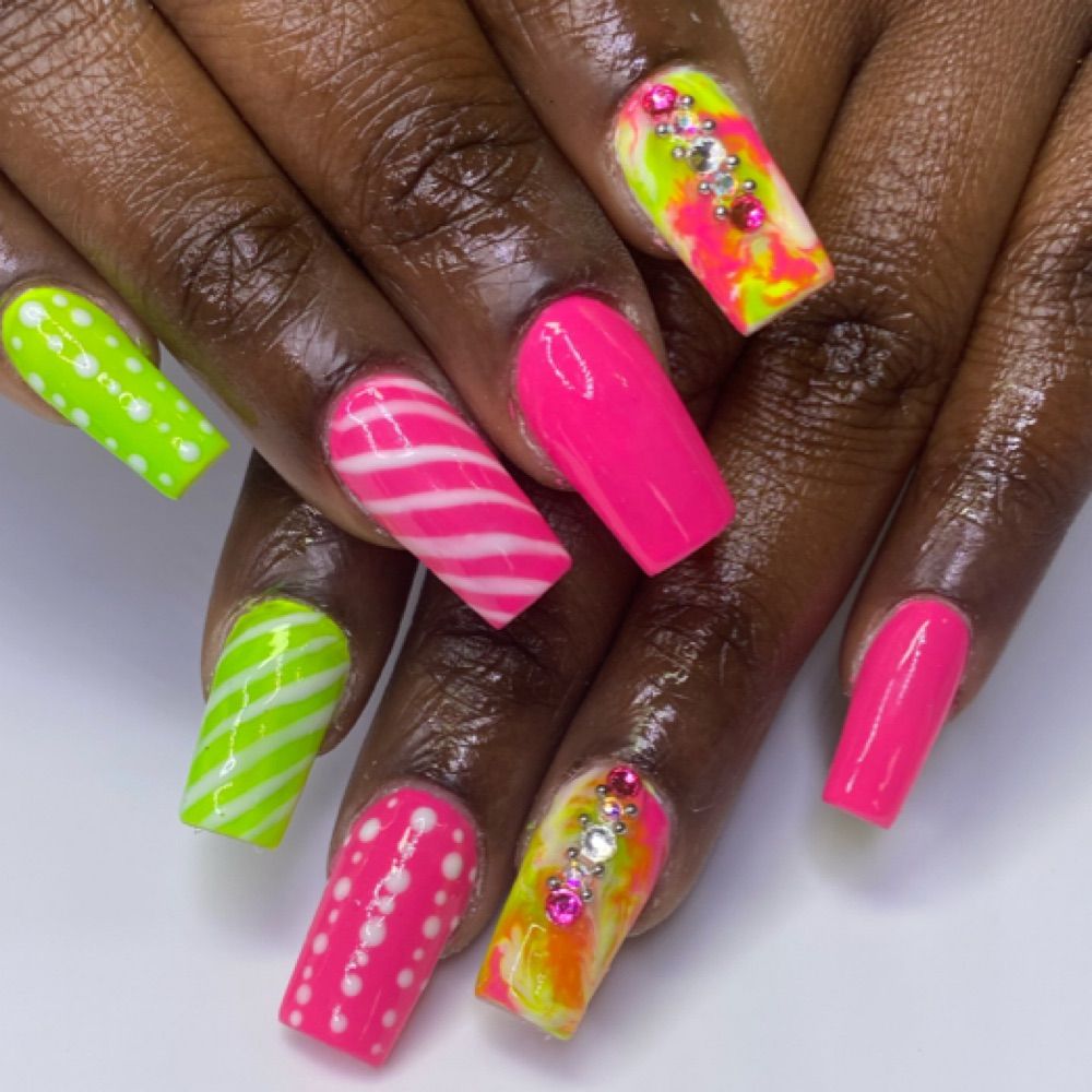 Pink and lime candy-stripe nails